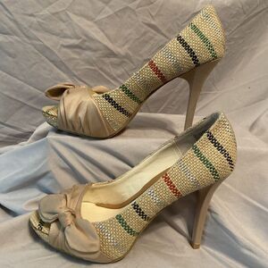 Lela Rose Mutli-color Fabric Tan Bow Stiletto’s Size 8.5‎